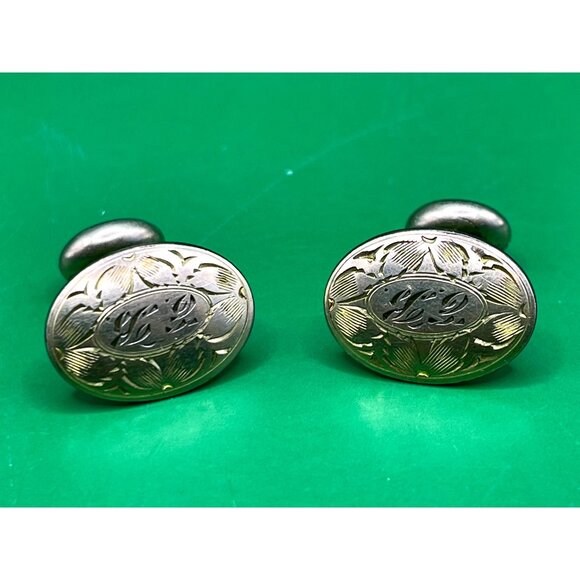 Antique Gold Tone Oval Cufflinks Floral Engraving Monogrammed EB Men Accessory - Picture 1 of 7